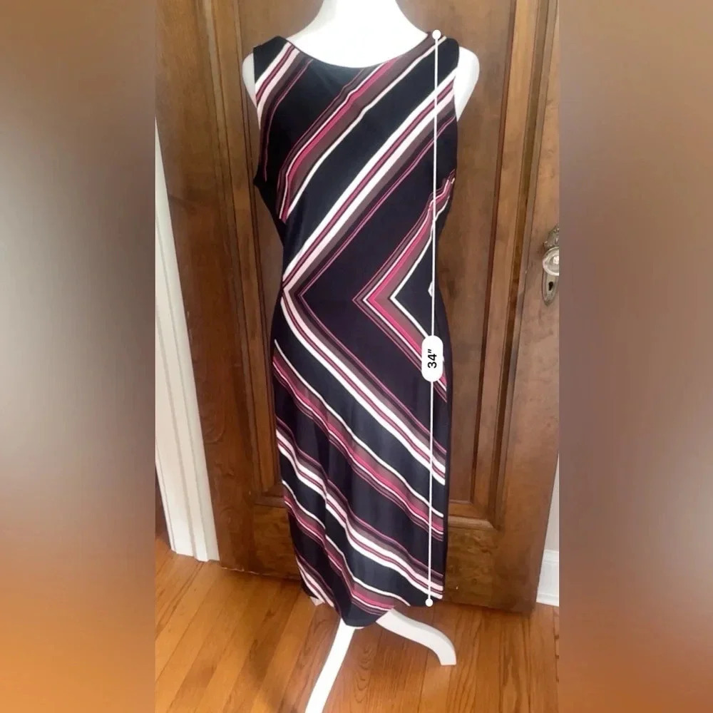 White House Black Market Black and Pint Chevron Striped Midi Dress Women Size 8 - Picture 2 of 10